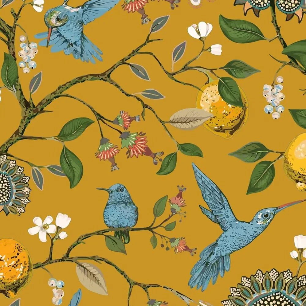 Floral Lemon Hummingbird Curtains Patterned Waverly Mid-Century Style